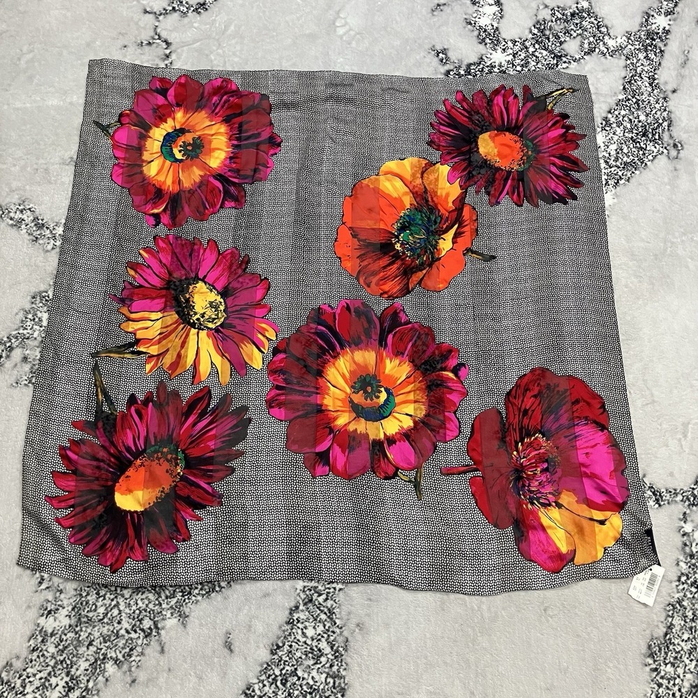 Ellen Tracy Silk Scarf Bold Floral Pink Orange Large Square Satin Wrap NWT